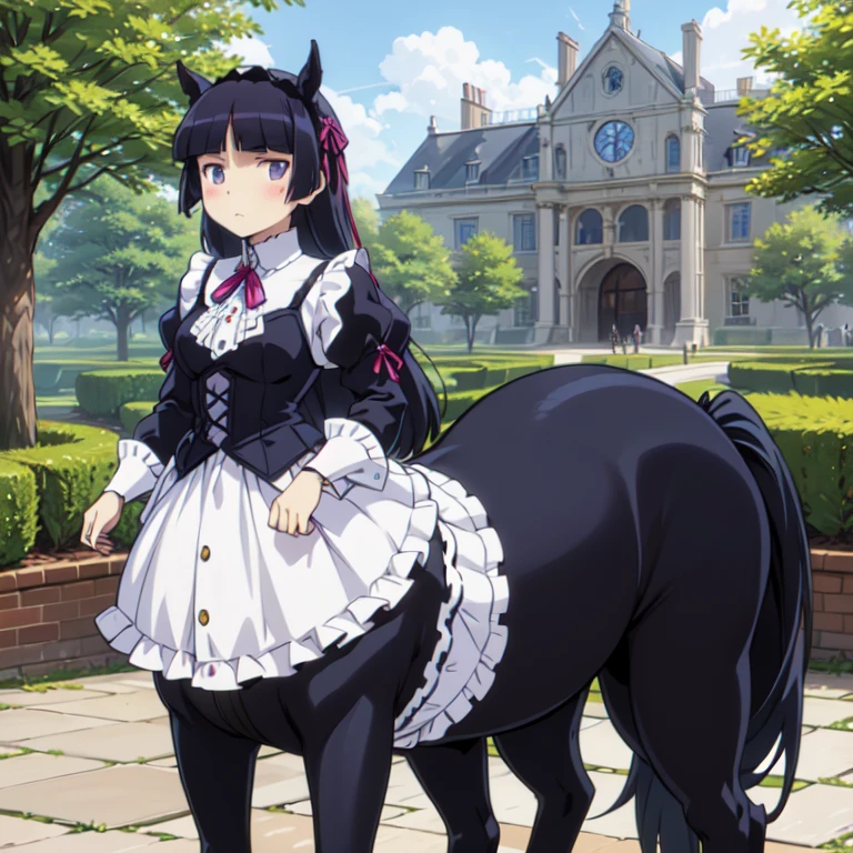 ((centaur)), (taur), (centauroid), (ruri gokou), woman, alone, Hime cut, Long Hair, Gothic & Lolita Fashion, Lolita Fashion, hoof, palace、garden、blue sky