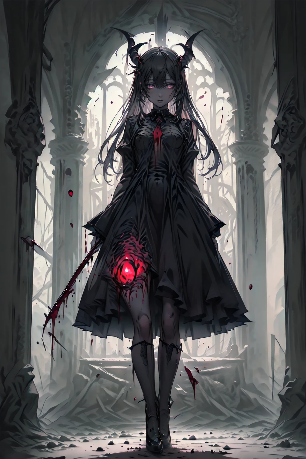 shaded face　、Holding a weapon、Looking at the viewers with a frightening expression、beautiful girl、とてもcute天使、Pink Gothic Fashion、cute、、smile、Long skirt、Black long boots、.(Highest quality,4K,High resolution,masterpiece:1.2),Very detailed,Realistic:1.37,Spooky altar background,Dark fantasy,Red color scheme,Ominous atmosphere,Eye-catching,Storytelling,anatomy,Anime Style,Concept Art,beautiful細部までこだわった顔と (((Red eyes ))),A terrifying ritual ,Satanic Ritual,Premature death,inappropriate behavior,クレイジーなsmile,Scythe Face,Girl Monster, beautiful, Delicate facial features, Sharp Eye, Sharp Fangs, pale skin, Dark Background, Cinema Lighting, Dramatic Shadows, Gothic style, Gloomy atmosphere, Dark fantasy, one person&#39;s, Please open your mouth wide, Open your mouth and baring your teeth,Sharp teeth like a beast, Wide lips, very wide mouth, Vermilion cheeks, ,(Blood splatter:1.4),Scary smile, smile,Angel Design, Twisted smile、Bloody、bleeding from the head,,,,,、Blood splatter、,(Blood splatter:1.4),skull,Demon Spear,Horror Style, ((Fantasy Sweet Ta Frill Pink Costume)), ((Flowing blonde hair)), ,(Blood splatter:1.4),Female curves, Sexy flat stomach, Perfect hands, Perfect anime face, (Pink Tata Dress)), Are standing, ((邪悪なsmile)), ,(Blood splatter:1.4), Steam circulates, Moonlight Illumination, night lighting, (Blood splatter:1.6),アニメAngel Design, Twisted smile、Bloody、bleeding from the head,,,,,、Blood splatter、,(Blood splatter:1.4), skull,Gothic architecture、Western architecture、Fantasy World、,Victorian cities, Skeleton Gas Light,Absurd, High resolution、 ((Tabletop)), ((Highest quality)), (Very detailedな), ((Very detailed)), (beautiful), ((cute)), (NFSW:1.8), alone,(:1.6)、(world&#39;The most terrifying and creepy demon girl:1.5)beautiful face、Whole Body Ezbian、pale, beautiful肌、beautiful金の髪、優しくsmileむ、Dark building ruins、(snow white&#39;Frill dress:1.3)、(The dark ruins are stained with blood:1.3)、Low angle full body shot、(少女は血の海の中にAre standing:1.5)、(The ground is full of blood:1.3)、(The girl lost a lot of blood....:1.3)、(クレイジーなsmile:1.6)、Spirits、(Blood dripping from the mouth:1.3)、
