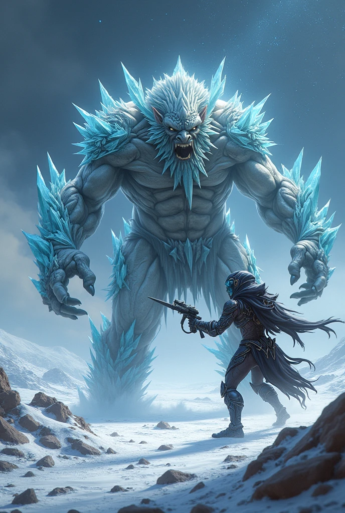 Cyber elfe shooting in the head fight troll crystal armor 
Snow planet 
4k