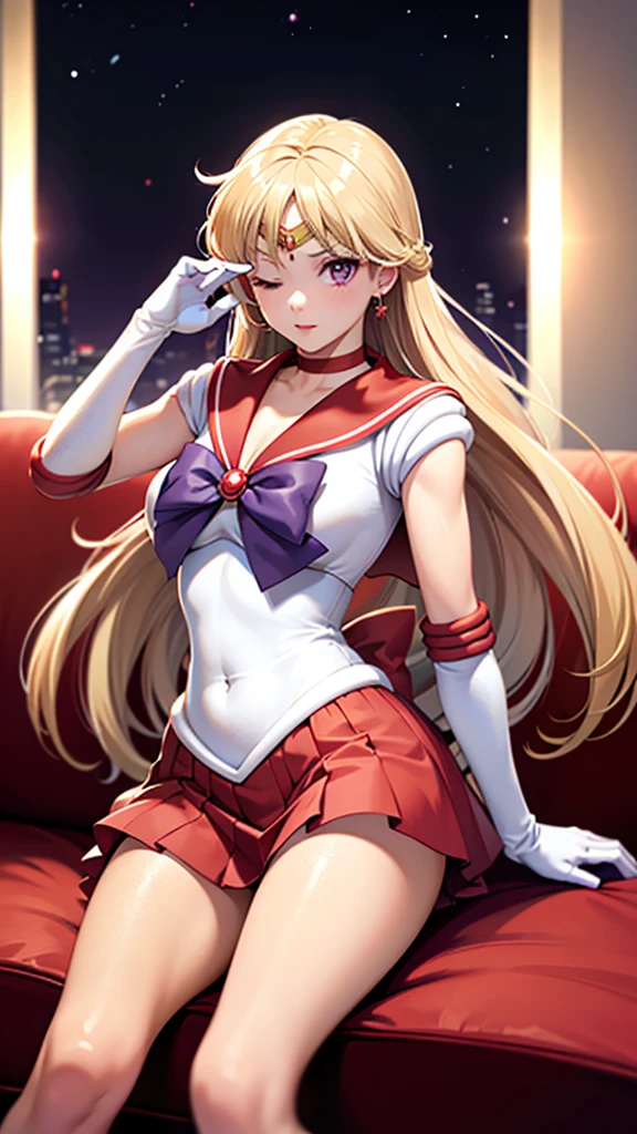 1girl, long hair, (high quality,8k, blonde hair, realistic, best quality, masterpiece, ultra detailed)1.5, ((sama1, tiara, sailor senshi uniform, white gloves, red sailor collar, red skirt)), night city, white gloves, Purple Bow, Purple eye, high heel boots, pantyhose, laying down on the back, eyes closed, unconsciousness,