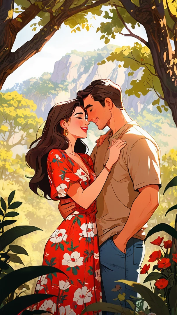 there is a man and woman standing in the woods together, cartoon style illustration, romance novel cover, beautiful digital illustration, in style of digital illustration, a beautiful artwork illustration, digital cartoon painting art, romantic couple, exquisite digital illustration, concept art of love, beautiful drawing style, art cover illustration, stunning digital illustration, disney art style, cartoon digital painting, stunning art style