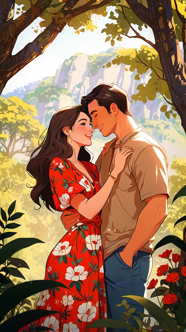 there is a man and woman standing in the woods together, cartoon style illustration, romance novel cover, beautiful digital illustration, in style of digital illustration, a beautiful artwork illustration, digital cartoon painting art, romantic couple, exquisite digital illustration, concept art of love, beautiful drawing style, art cover illustration, stunning digital illustration, disney art style, cartoon digital painting, stunning art style