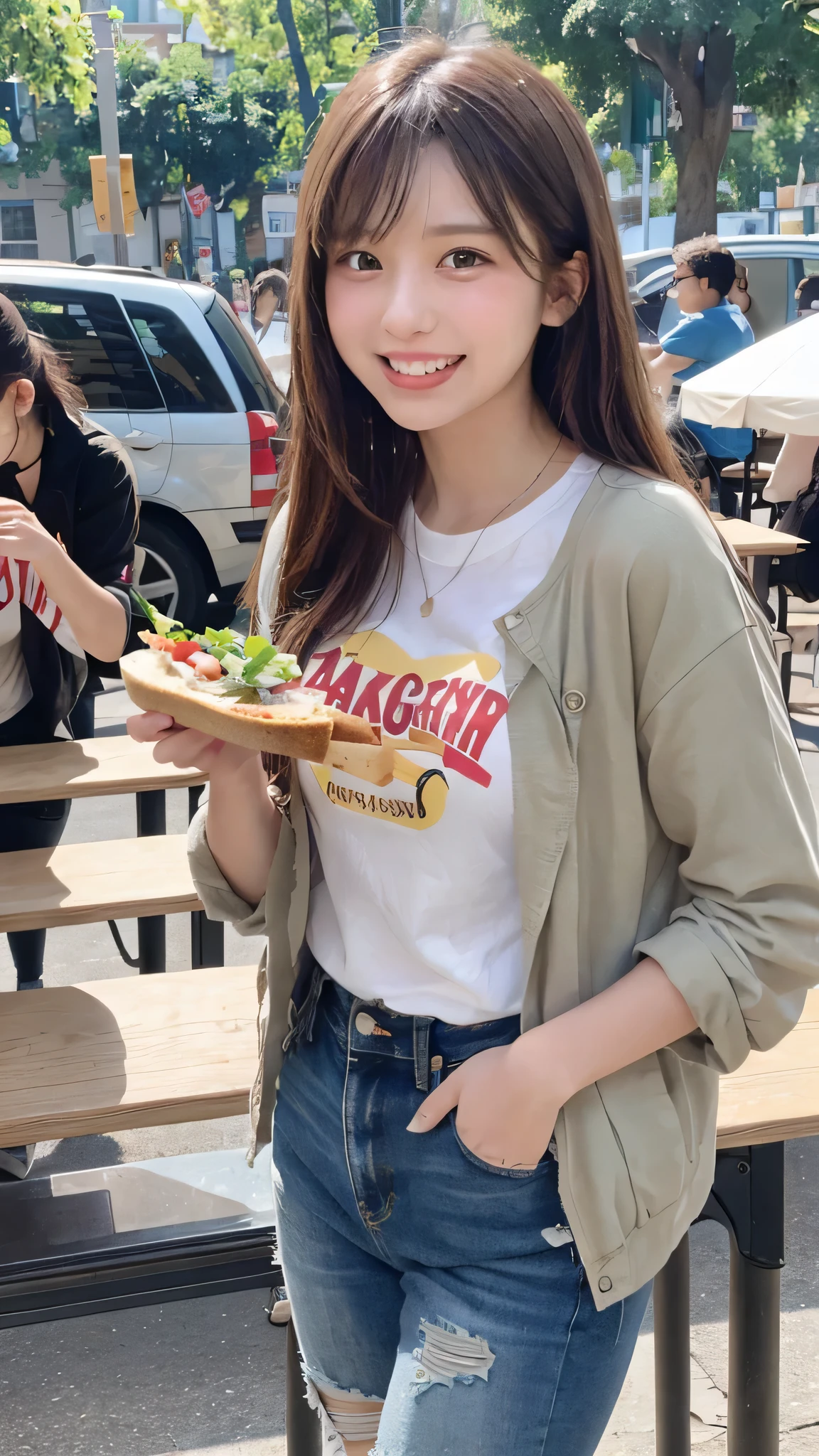 masterpiece, highest quality, High resolution, Outdoor university campus, vibrant greenery, students gathered around picnic tables, casual food stalls, sunny day with clear skies, Young woman, early 20s, standing at a picnic table, casual yet trendy outfit, denim jacket, graphic tee, ripped jeans, sneakers, holding a sandwich, laughing and interacting with friends, Mid-shot, focus on her standing and engaging with friends, lively background with students and food stalls, capturing the casual and fun atmosphere of the lunch break
