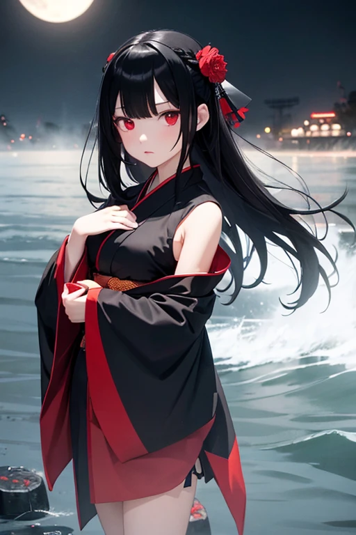 Girl doll, ball jointed, black hair, long hair, red eyes, black kimono, expressionless, dark night, Sanzu River, fog, temari