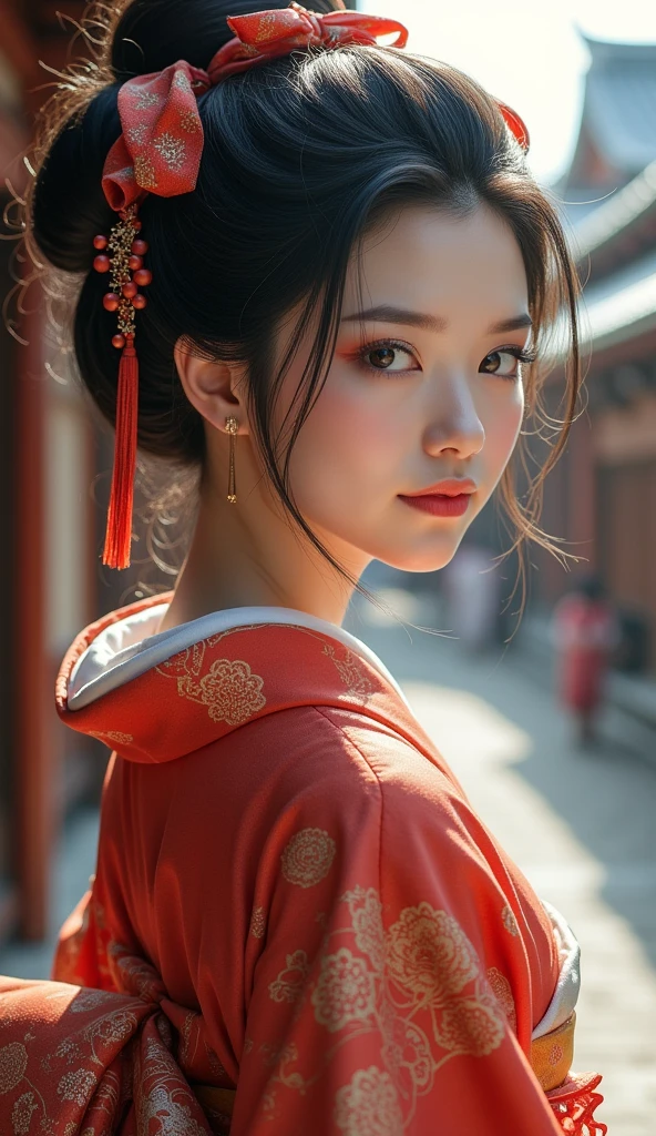    Masterpiece, Best Quality, High Details, High Resolution, High Quality, Super Detailed, Textured Skin, Retina, Pretty Japanese girl,(( Full body shot)),(( Hair Bun)),((very huge hairbun)),((the size of hairbun is 8 times size of the head)),(( round hairbun)) Smile, Large breasts, Ribbon, looking back over shoulder ,wear kimono in Japanese street view 