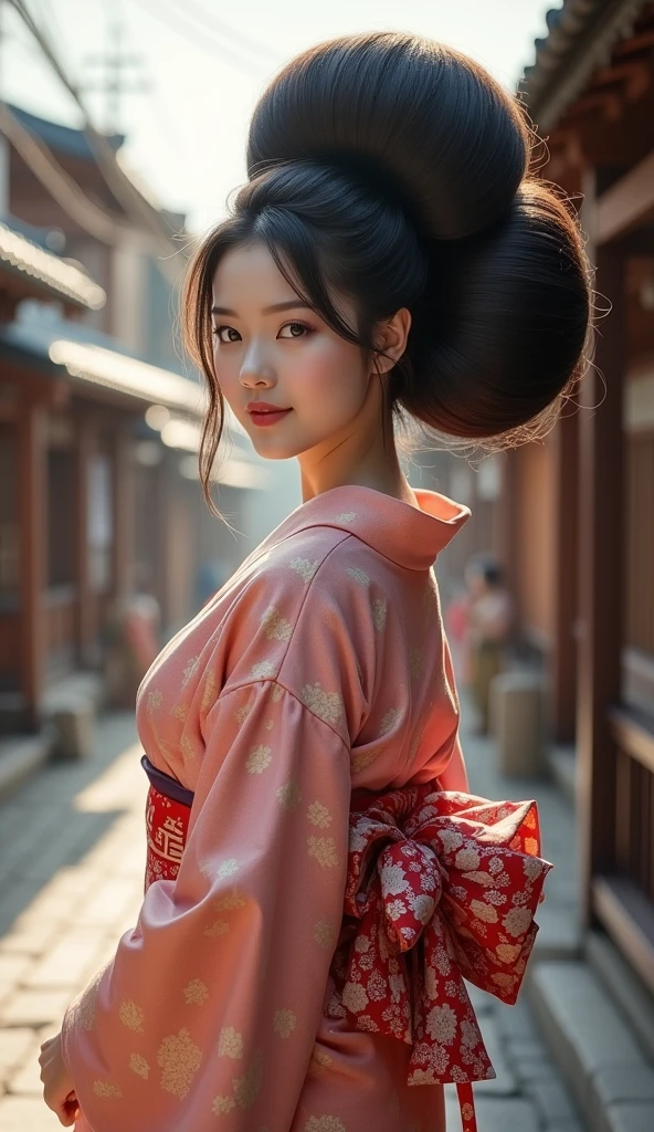 Masterpiece, Best Quality, High Details, High Resolution, High Quality, Super Detailed, Textured Skin, Retina, Pretty Japanese girl,(( Full body shot)),(( Hair Bun)),((very huge hairbun)),((the size of hairbun is 8 times size of the head)),(( round hairbun)) Smile, Large breasts, Ribbon, looking back over shoulder ,wear kimono in Japanese street view