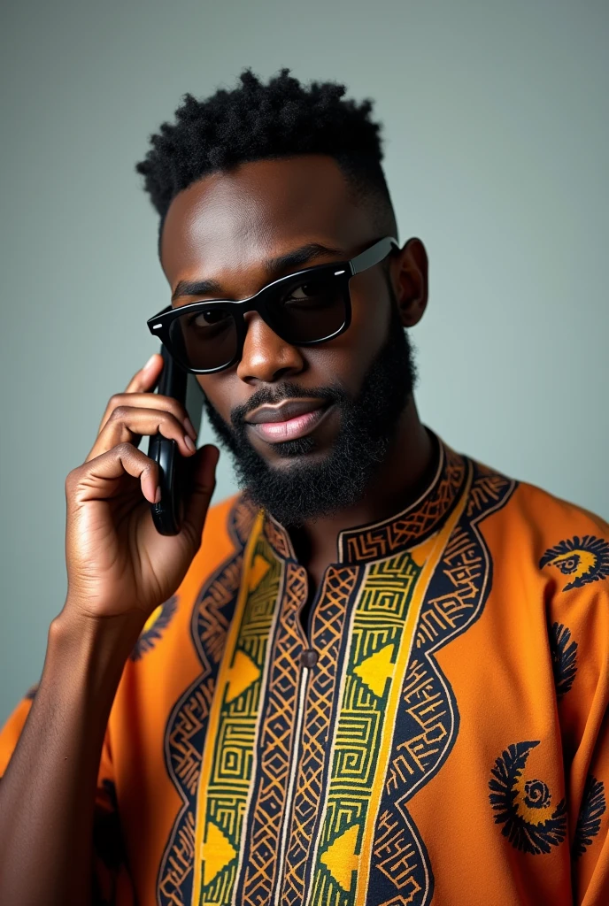 Photo 1 :  jeune homme d’affaires de la trentaine ,black complexion,tall,with beards , dressed in toghu from the far north of Cameroon , who is talking on the phone and he is wearing very dark black glasses