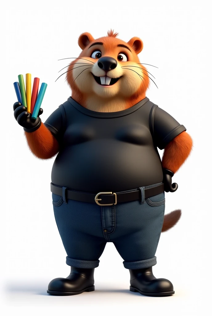 Create a corporate image of an animated beaver , that is standing in front, and be a little fat, that he is dressed in a shiny black collarless t-shirt, and a pair of dark blue strapless jeans, black engineer type boots and the t-shirt is dressed, that looks like an engineer, that in his left hand he holds some cut tubes of various colors, and with his right hand raised greeting, that has a white background, and his expression is calm and with his mouth half open