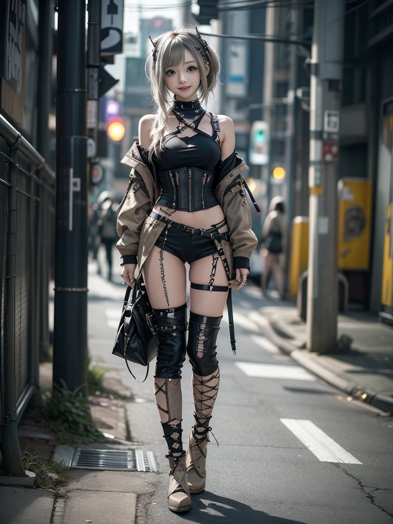 (Full body image:1.2)、(Smiling with teeth showing:1.3),(Shibuya Gal:1.5)、(Beautiful gravure model:1.5)、(Neo-Goth Fashion:1.5)、(Punk rock visual kei:1.5)、(A khaki and brown off-the-shoulder hoodie accessorized with delicate silver accessories..:1.5)、(A corset with a delicate beige and brown design:1.4)、(Khaki and brown snakeskin bodysuit:1.5)、(head band:1.3)、(Beige and charcoal knee socks:1.4)、Embellished collar and long boots、(I'm Snake print underwear for sale.:1.4)、(Long eyelashes:1.3)、(30 years old)、((Highest quality、8k、masterpiece:1.3))、1 female、Slim and beautiful abs:1.3、(Hairstyle Casual、Beautiful boobs:1.1)、(Doing an aerobics pose:1.3)、dress:1.1、Super small face、Narrow eyes、double eyelid、A sloppy smile、Full Body Evian、Dynamic Angle、close、CPL Filter、Blurred Background、Bokeh、Blue Hour、Detailed face and skin texture、Detailed eyes、,(Twin tails:1.3)、(Black brown hair:1.3)、Idol Sculpture、(The background is a glamorous dance hall:1.3)、(Slimming your legs:1.4)、(The body is slim:1.3)、(clavicle:1.1)
