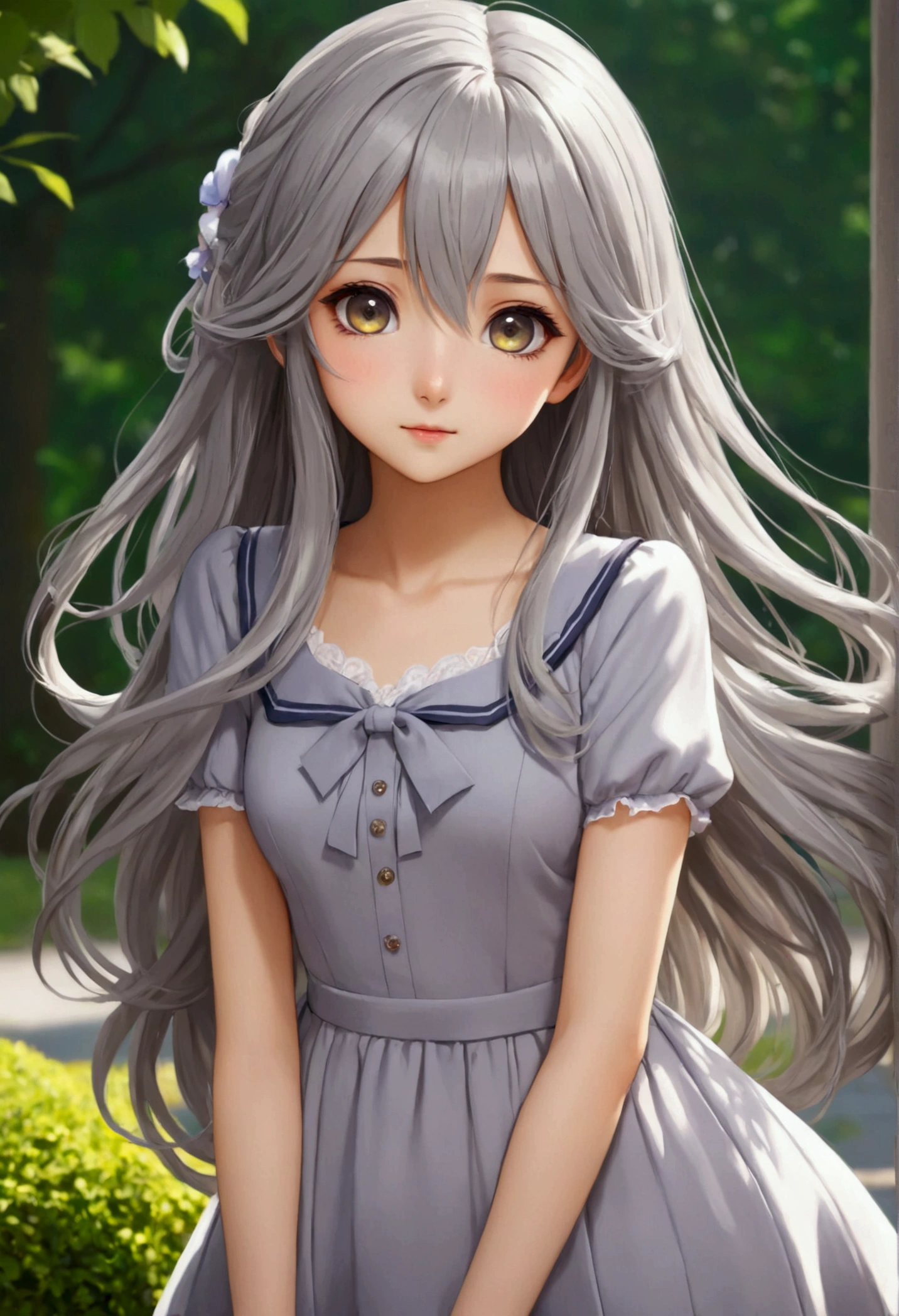 pretty , cute , anime girl, long gray hair, cute short dress , hazel eye , elegant, kawaii, sweet