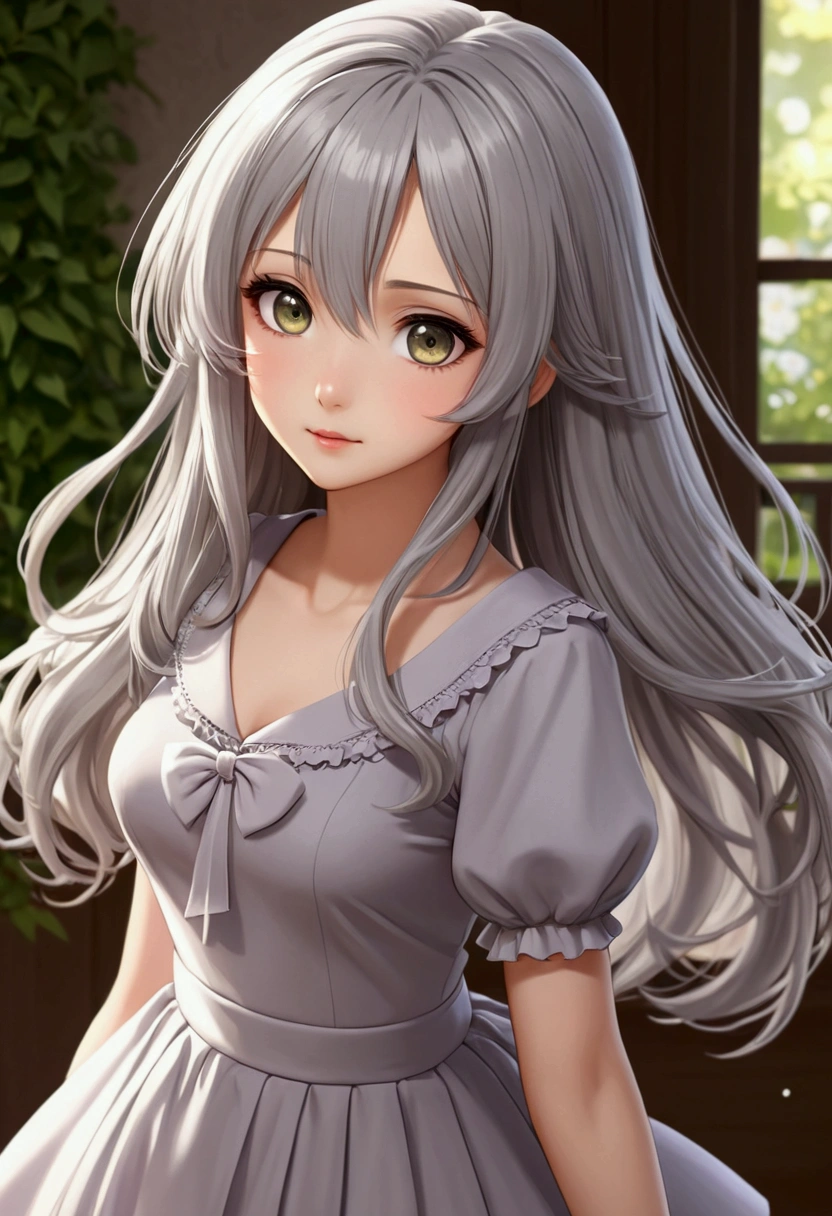 pretty , cute , anime girl, long gray hair, cute short dress , hazel eye , elegant, kawaii, sweet
