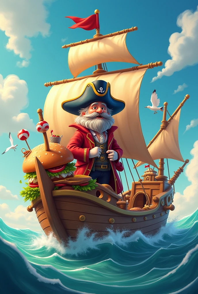 Generate an image of a burger ship manned by a comical pirate