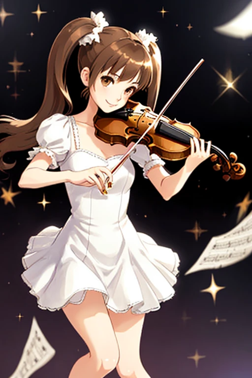 solo, Brown Hair, Twin tails, Playing the violin,Uplifting,Serious look,White Dress,Glitter sequins,Slender feet,Many notes,Sheet music dancing,Adult women,sparkle,  Gaze Here,smile