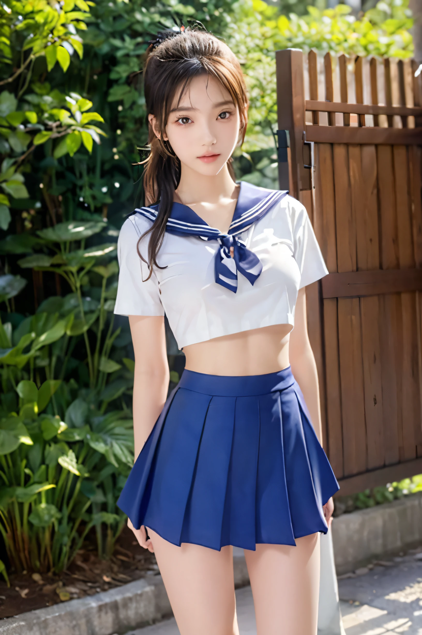 (Ultra HD), (Looking at me), (The whole body is shown), (Short-sleeved sailor uniform, Navy blue low-rise mini skirt), (Big Breasts:1.2), Super beautiful breasts, slender, Narrow waist, (Thin legs:1.2), (Thin thighs:1.2), (Thin Hips:1.4), (Beautiful Skin, Shiny skin, White skin), (Super slim face, Super beautiful face, No makeup, Smile:0.6), (ponytail, Layered Cut, Fluffy hair), (double eyelid, Slanted Eyes), (Small Nose), (Thin lips), Are standing, In front of the school gate