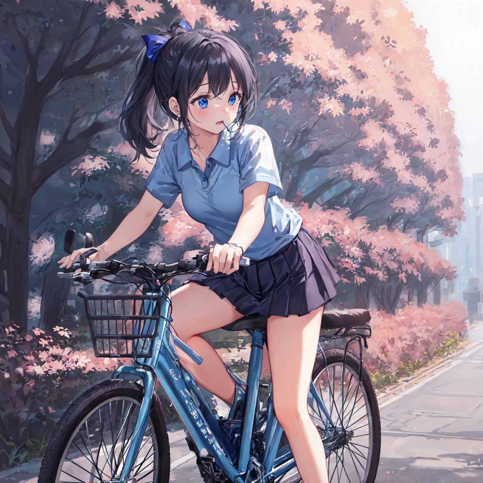 (pencil art:1.3),masterpiece, Highest quality,pastel color,garden,three-quarter view,riding bicycle,Sit in the saddle,butt focus,high quality panties,blue polo shirt,dark grey pleated skirt,sneakers,embarrassed, (Masterpiece:1.5, Best Quality),Lower ponytail, {{black hair}} , (Depth of Field),{{beautiful medium size breasts1:4}},{{beautiful blue eye1:4}},photorealistic 1;4, high quality pink panties, top quality, {{beautiful butt}}, cute girl, high quality background, BREAK, BREAK, 5 fingers