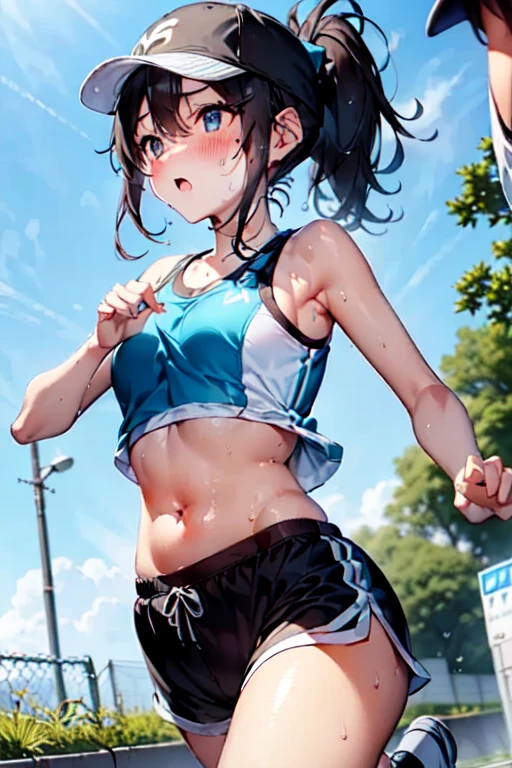 teenager,1 beautiful girl、(blush:0.6),Heavy breathing,Sports underwear、Belly buttonタンクトップ、Vertical belly button, Black dolphin shorts、running, ponytail、Sports Cap, Glowing Skin、Expressway,Model body type、Belly button、Black dolphin shorts、 (Sweating all over the body)、blush,ponytail,(Mid-chest),(、((Low - Angle、Dynamic Angle),Drops(((股間から愛液Dropsり落ちる)))、(Expressway)、(Run at full speed)、Painful expression