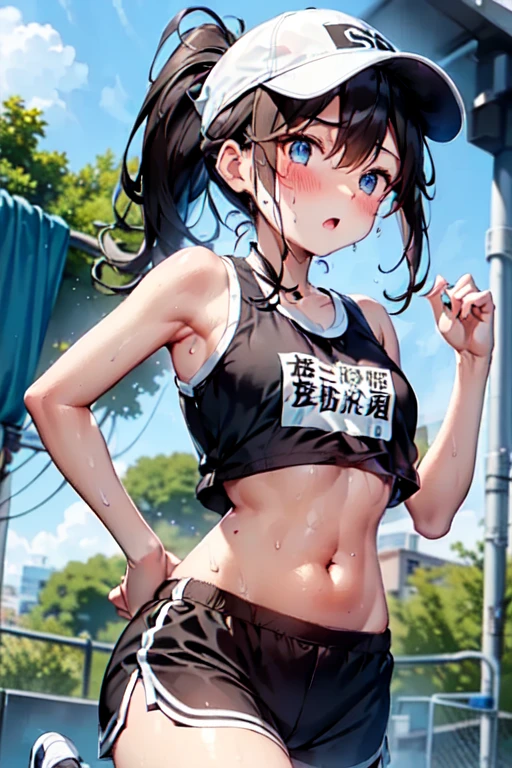 teenager,1 beautiful girl、(blush:0.6),Heavy breathing,Sports underwear、Belly buttonタンクトップ、Vertical belly button, Black dolphin shorts、running, ponytail、Sports Cap, Glowing Skin、Expressway,Model body type、Belly button、Black dolphin shorts、 (Sweating all over the body)、blush,ponytail,(Mid-chest),(、((Low - Angle、Dynamic Angle),Drops(((股間から愛液Dropsり落ちる)))、(Expressway)、(Run at full speed)、Painful expression