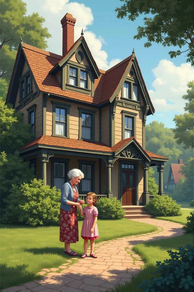 [ A mansion in quaint town of evergreen, with old woman and granddaughter in the front of the house