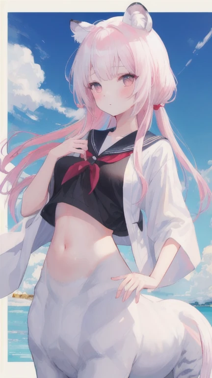(best quality, masterpiece), 1 girl, centaur, I beg, White skin, Japanese schoolgirl,daughter,black pink, exposing the abdomen, belly button t-shirt , beautiful girl perfect, White tiger photo, 완벽한 White tiger photo