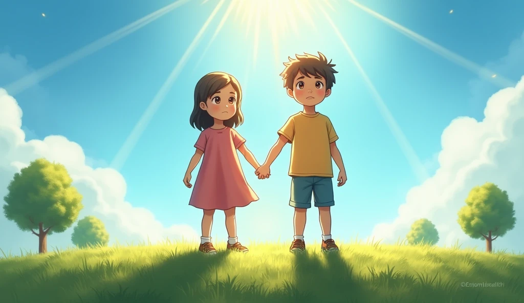 Create an image of two children, a boy and a girl, standing together with their hands clasped, facing forward with determined and confident expressions. They are standing on a grassy hill under a bright, sunny sky, with rays of sunlight streaming down around them. The background features a few trees and a clear blue sky, symbolizing unity and strength. The overall tone should be uplifting and empowering, capturing the spirit of 'Hand in hand, we take a stand.