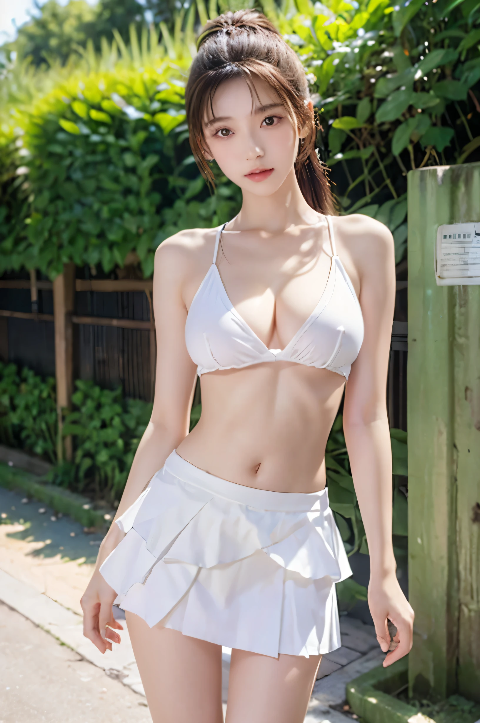 (Ultra HD), (Looking at me), (The whole body is shown), (White tank top, White low rise mini skirt), (Big Breasts:1.4), Super beautiful breasts, (Nipples are visible:1.2), slender, Narrow waist, (Thin legs:1.2), (Thin thighs:1.2), (Thin Hips:1.4), (Beautiful Skin, Shiny skin, White skin), (Super slim face, Super beautiful face, No makeup, Smile:0.6), (light brown, ponytail, Layered Cut, Fluffy hair), (double eyelid, Slanted Eyes), Small Nose, Thin lips, Are standing, In front of the school gate