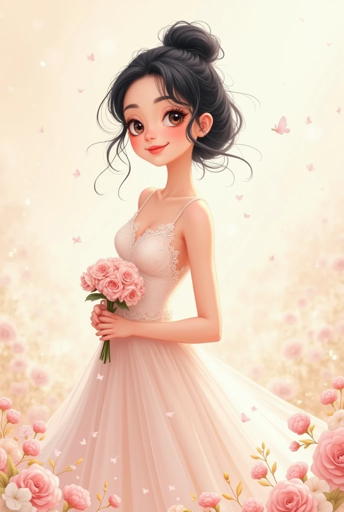 2D png drawing of cute  bridesmaid with straight black hair
