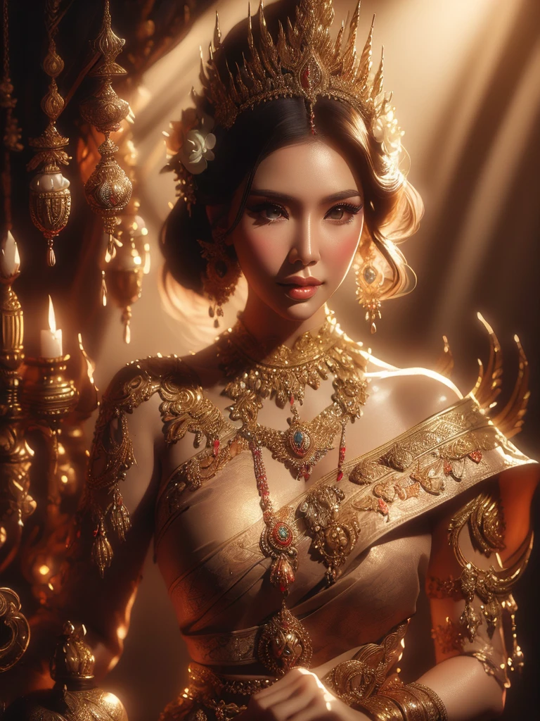 dramatic light,bella ranee,thai dress , standingn , detailed background, Depth of Field, volumetric light, crisp focus, Absurd, realistic proportions, good anatomy, (Realistic, hyperrealistic:1.4), HDR 16K,