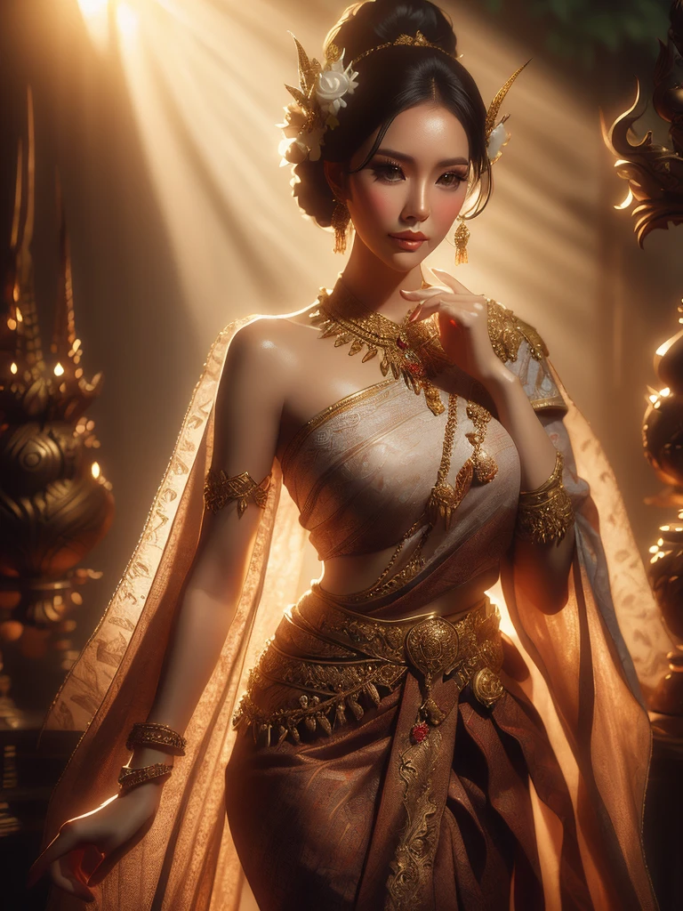 dramatic light,bella ranee,thai dress , standingn , detailed background, Depth of Field, volumetric light, crisp focus, Absurd, realistic proportions, good anatomy, (Realistic, hyperrealistic:1.4), HDR 16K,