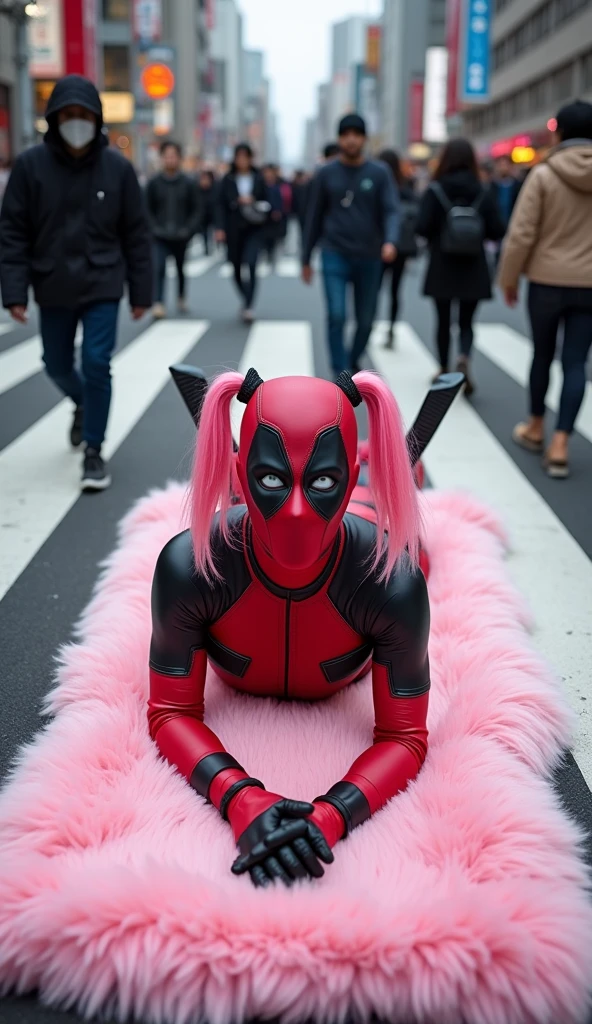 ((Highest quality)), ((masterpiece)), (photograph), (((from above))), ((40 years old)), ((Japanese women)), ((Deadpool costume and mask)), (((The word &quot;mu mi&quot; is written in white letters on the mouth.))), Deadpool woman with pink hair and twin tails, Lying on a fluffy pink bath mat at Tokyo&#39;s Scramble Crossing, Surrounded by passers-by,