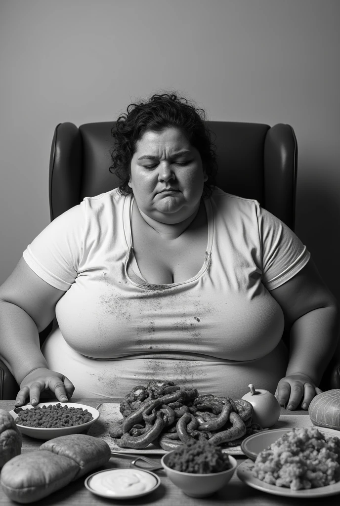 A very big fat girl eating lot of foods a big chicken and no fruits on the table leaning helplessly on her chair
Make it a black and white
Add some foods on her mouth
Put on her a shirt