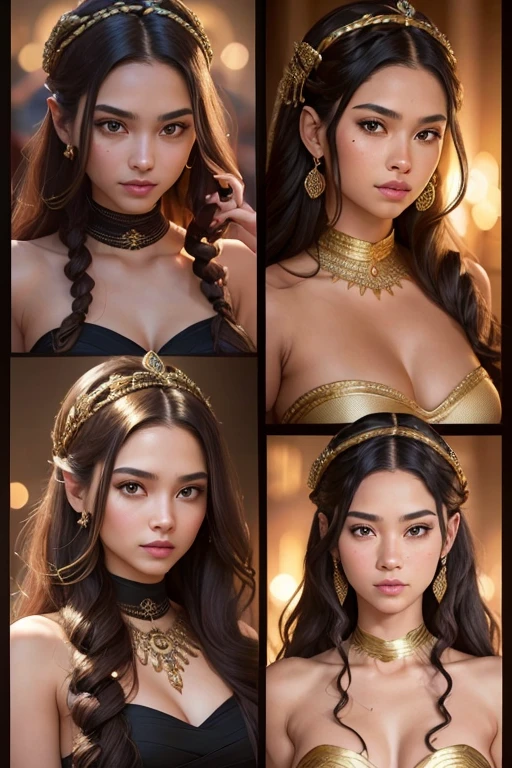 
A young 15- yr Medusa's girl with European face features, charming face, perfect fullbody details, having large many snake pet, with a snake skin, body and hairs, (wavy hairstyles brown king cobra colors), ( having a dark skin tone texture masterpiece ), ( with many different poses, illuminating background Lights, crystalized glowing radiance all over, Large breasts, Covering Ears, Blush, Smile, Expressions, Nervous Smile, Crazy, Amber Eyes, Oral Invitation, Very Long Hair, brown king cobra Hair, Floating Hair, Wavy Hair, Tentacle Hair, Multiple Views, Tachi-e, Isometric View, Rotational Symmetry, Reference Sheet, Perspective, Collage, Fujifilm, Mole Under Mouth, Snake Hair Ornament, Bandage On, Hyperrealism, Cinematography, Jewelry, Masterpiece, Solo, Three Sided View, Character Sheet Full-Length, F/16, Social Media Composition, 