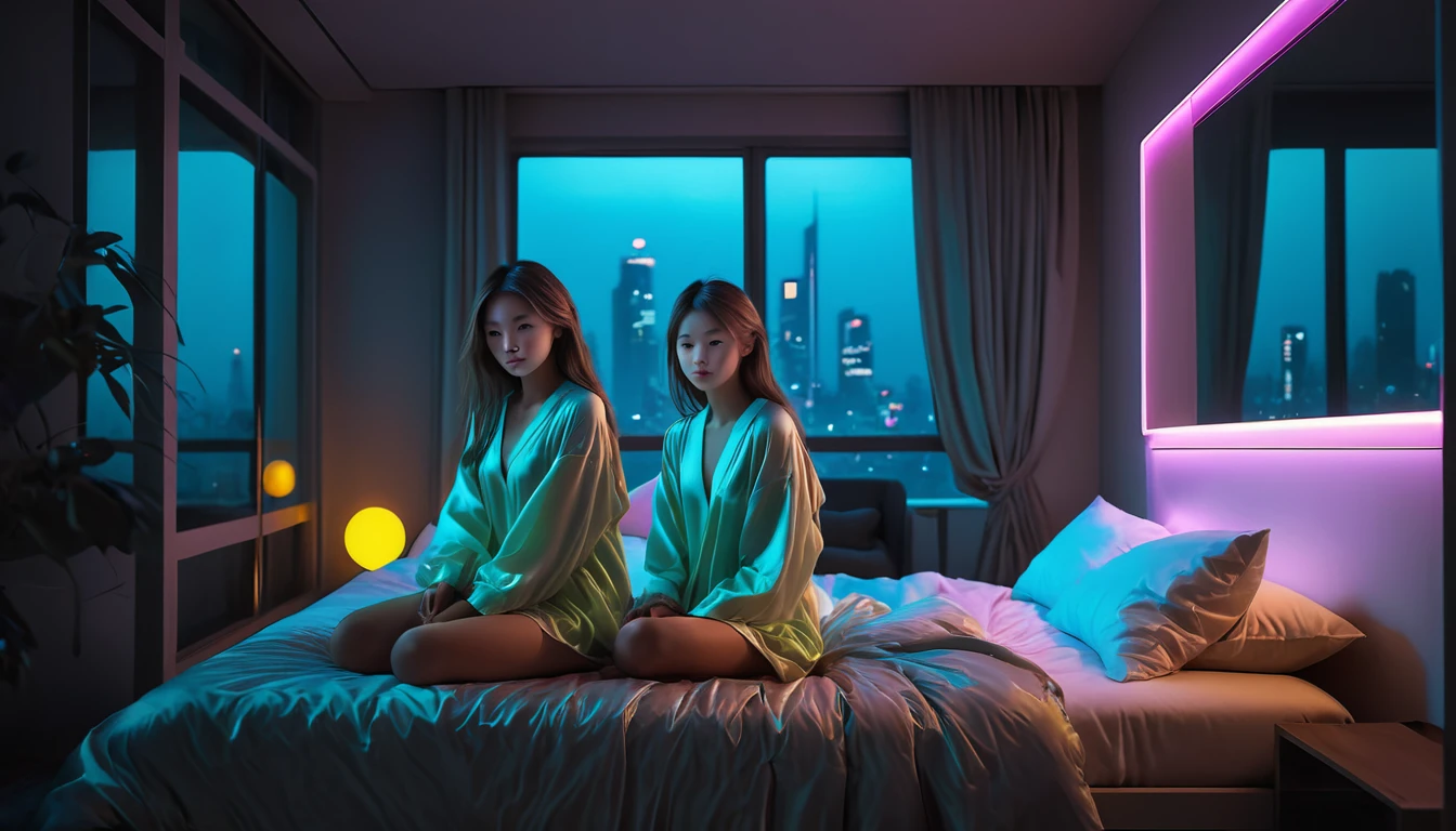 Highest quality, masterpiece, High resolution, 8k, (((She wore an oversized silk babydoll with a plunging neckline.、Cute and skinny、Barely Legal, wide neckline, Deep neckline, small and taut breasts, Beautiful attention to detail, Beautiful lip detail, Small closed mouth, Highly detailed face, Pale skin, Random long hairstyles, Small hips, Cyberpunk Apartment, Next to the bed))), Gloomy atmosphere, dramatic and Random Neon Colorss, Futuristic Setting, Intricate details, At night, Backlight, Random Neon Colors, Full Body Shot, A view from afar, Random Pause