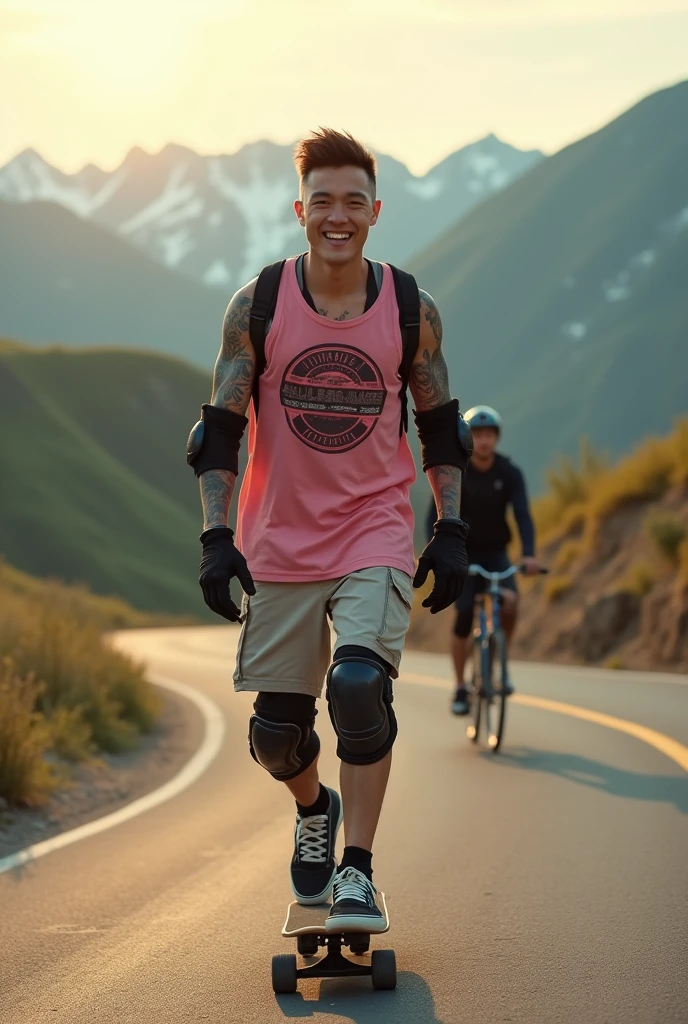 An adrenaline-filled shot of a Korean man with man undercut stick hair covered in tattoos on his arms, confidently riding a skateboard down a winding mountain road, framed by the golden light of the setting sun. He is wearing a pink tank top with a vintage RIAN logo on his chest and a bag on his back, and casual shorts. The man smiles warmly at the camera, his hands protected by black gloves, adding a personal touch to the thrilling scene. He also wears knee and elbow pads, ensuring safety as he navigates the turns with ease. The background features rolling green hills and snow-capped mountains in the distance, creating a stunning contrast to the rider’s dynamic movements, amplifying the excitement. In the distance, another figure is visible, adding depth to the scene. The image exudes the thrill of downhill skateboarding, the beauty of the natural scenery, and the fearless energy of the rider, with an Instagram-worthy atmosphere.