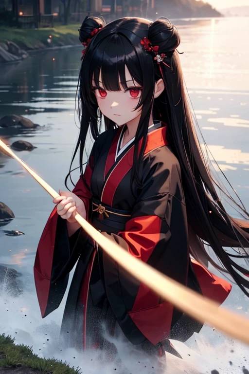 Girl doll, jointed ball, black hair, long hair, red eyes, black kimono, expressionless, dark night, nature, Sanzu River, fog, Temari
