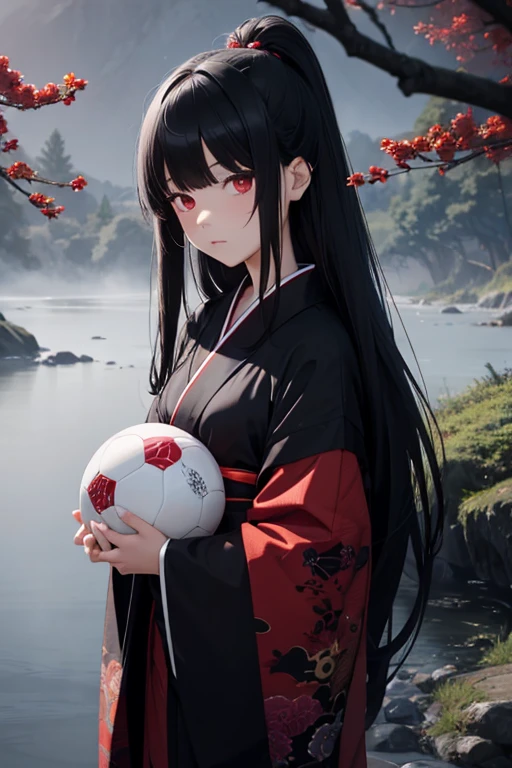 Girl doll, jointed ball, black hair, long hair, red eyes, black kimono, expressionless, dark night, nature, Sanzu River, fog, Temari