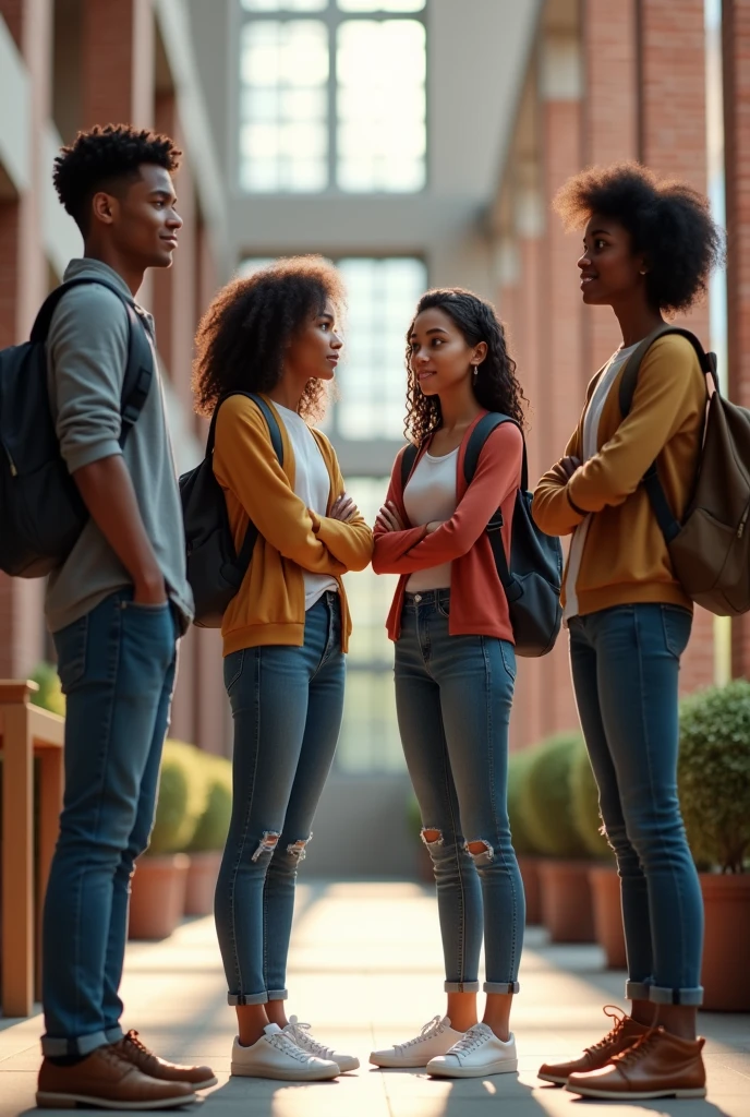 Two mature black boys and two mature black girls in a university background. The two boys are casually dressed. The two girls are casually dressed and crossing their arms.