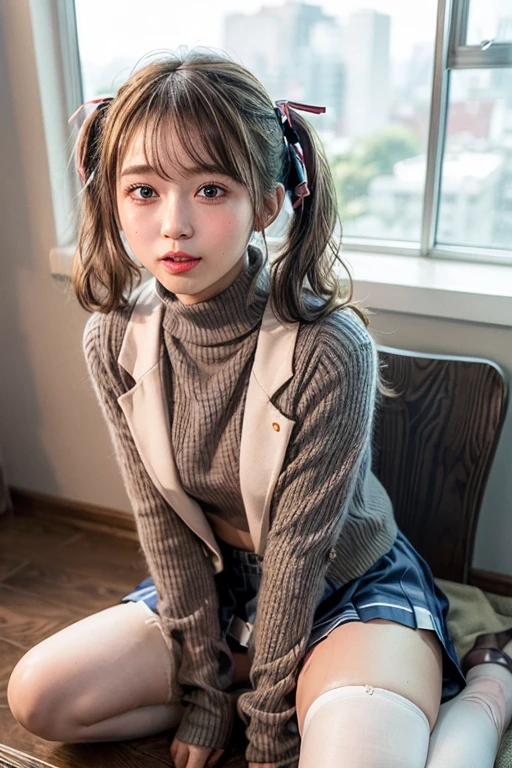 ((Highest quality、8k、masterpiece))、Sharp focus:1.2))、(((Low Twintails、Embarrassing、red blush、Embarrassing、Teaching Mouth))),(((((Navy School Blazer、Grey checked skirt))))),(small 、Estrus、I、cute bra、cute panties、cute 、cute Camel Toe、Panties are wet、スカートの裂けeye、I showing my panties、Turtleneck sweater、Sleeveless、High heels),((On a university campus))、Tabletop, One Girl, Highest quality, Super detailed, (Shiny), (small)、(((with blush cheeks,))),Ray Tracing,Perfect lighting, (Milky skin:1.2),reflection, look up_in_Audience, blush, ribbon, yellow_eye, White choker, Two cute beautiful girls from Japan、small ribbons in the hair、Contrast legs