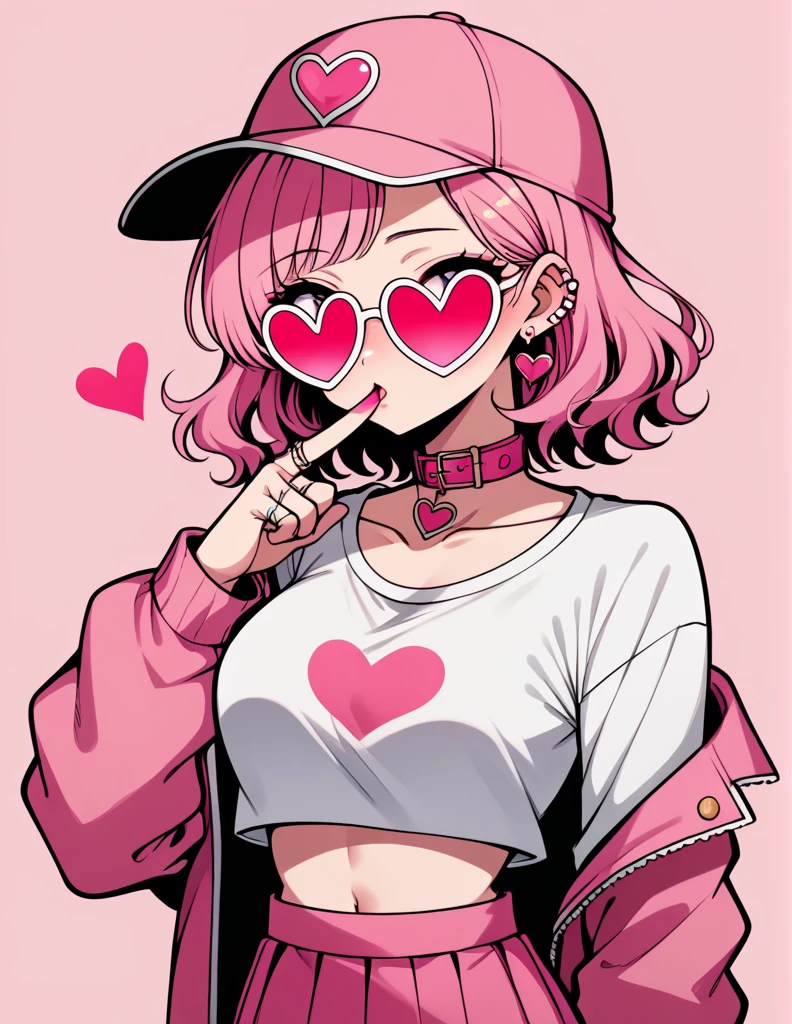 Neon Doom XL, score_9_superior, score_8_superior, score_7_superior, score_6_superior, One girl, alone, Have, jewelry, ring, heart, View your viewers, 色付きGlasses, Short Bob,Wavy Hair, skirt, Baseball cap, Pink Nails, Pink Theme, choker, earrings, pink-色付きGlasses, sunGlasses, chest, Pink Hair, Neon Light, Put your finger to your mouth, shirt, 丸いGlasses, pink skirt, white shirt, ear Earrings, Pink hat, Glasses, Crop top, pink jacket, Manicure, heart-shaped eyewear, superiorper body, Earrings, collar, Long sleeve, abdomen 