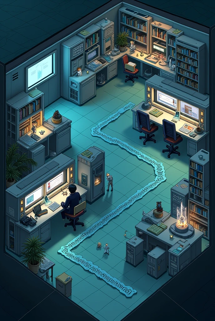 Create a board with this information.
1. Experimentation Room: Located in a corner of the board. Here players perform tests to confirm RNA sequences.
2. bookcase: Positioned in another corner, where players search for scientific information and clues to the puzzle.
3. Analysis Laboratory: Located in another corner, In this room players decipher genetic codes and determine the amino acid sequence.