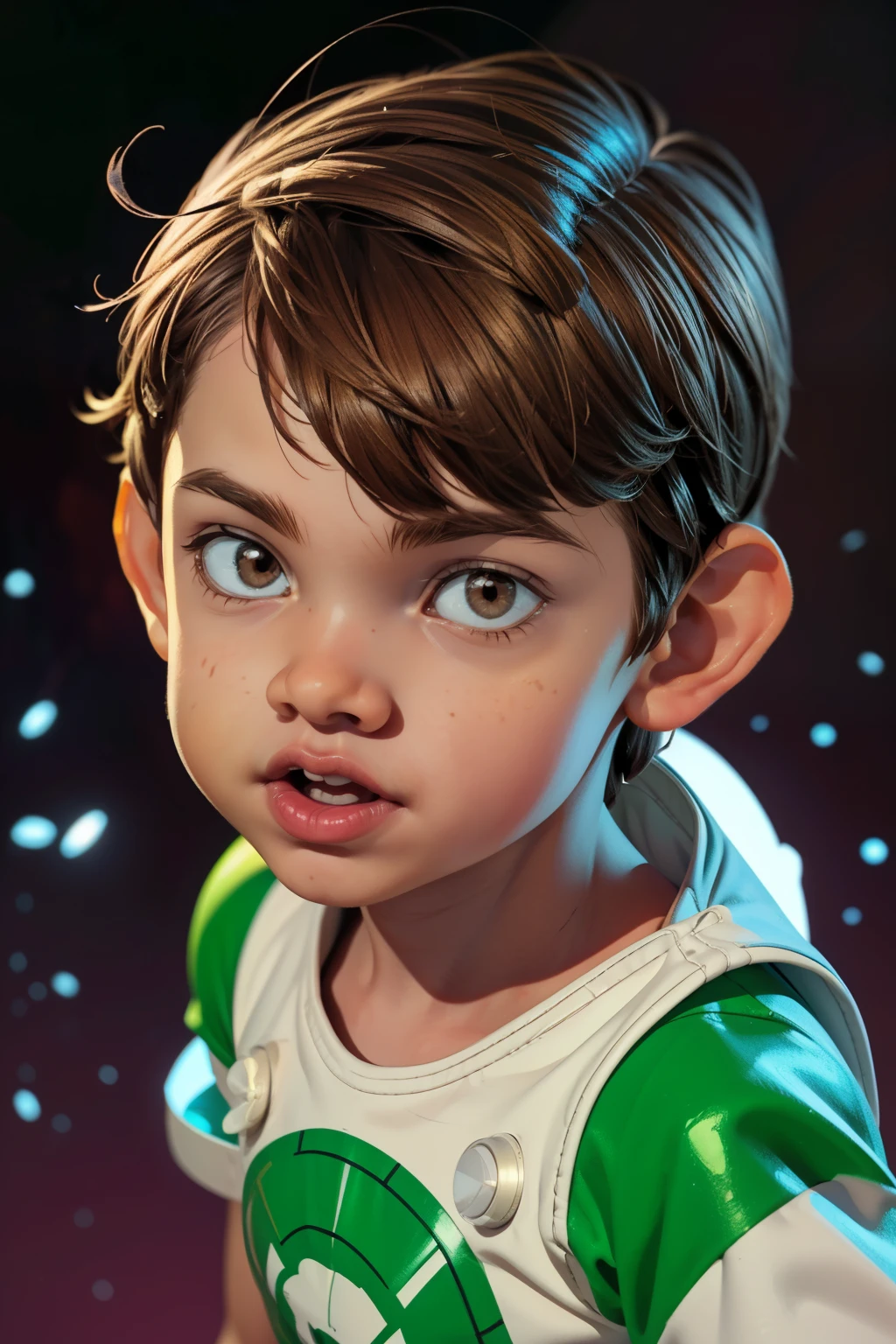 Cinematic Cartoon style. Comic art. TME0224 face, (((a boy, ))) in a funny night, brown eyes, (((wearing a classic white Ben 10 costume))). (((Comic abstract background))). cinematic lighting, drop shadow, masterpiece, UHD, anatomically correct, textured skin, super detail, high details, high quality, best quality, 4K