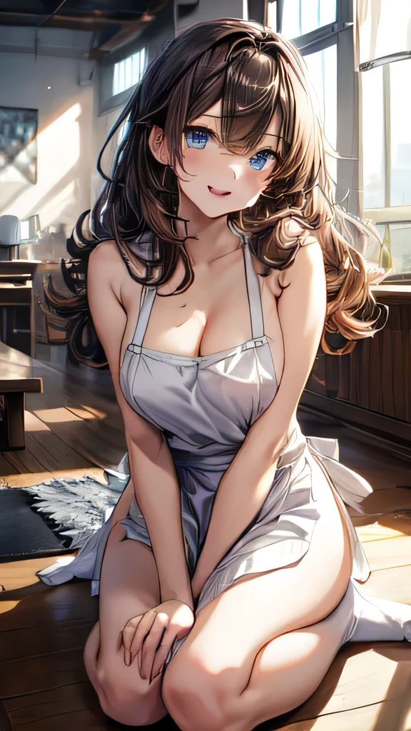 Very delicate,
beautiful girl,
break,
8k,
Highest quality,
masterpiece,
Super adopted,
Very detailed,
Ultra-fine illustrations,
break,
Active Pause, Dynamic Angle,
indoor,
Shiny,
bright,
Rim Light,
break,
One person,
One personで,
Perfect female body,
Big Hair,
Fluffy hair,
Air Van,
Long bangs between the eyes,
Round face,
blue eyes,
(smile, Open your mouth,)
Medium, Well-proportioned breasts,
nsfw:1.1,show off pussy,
Full body portrait,Sexy pose:1.5,

break,
Naked Apron,