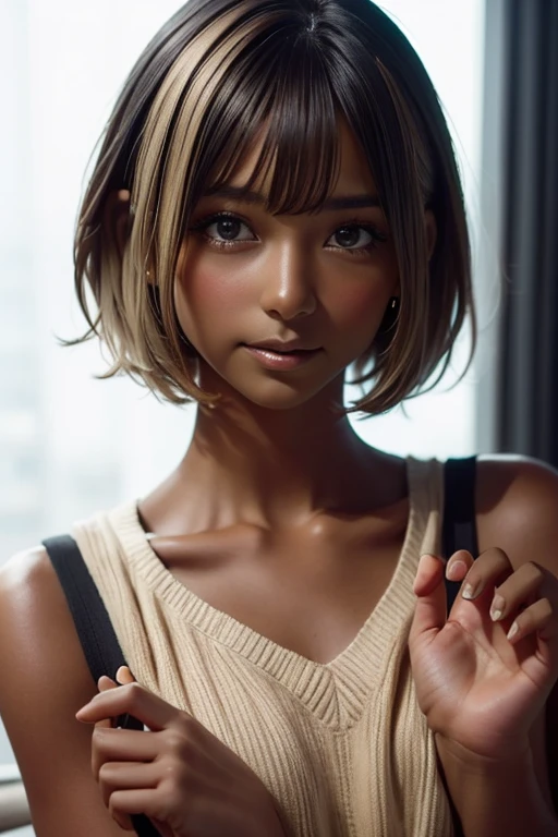 one girl, Put your hand over your mouth、Beautiful breasts、 Brown eyes, ((Gal Hairstyles)) blonde, girl, (Eye and facial details:1.0), break, (masterpiece, Highest quality, Very detailed, Detailed face, 8k),( dark skin:1.8 ), 唇を噛みしめる, 大きな胸, (((( short hair )))),