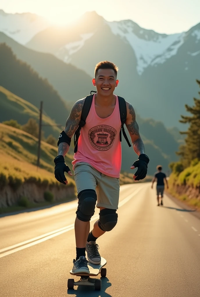 An adrenaline-filled shot of a Korean man with man undercut stick hair covered in tattoos on his arms, confidently riding a skateboard down a winding mountain road, framed by the golden light of the setting sun. He is wearing a pink tank top with a vintage AYANK logo on his chest and a bag on his back, and RIFED shorT The COUPLE man AND WOMAN smiles warmly at the camera, his hands protected by black gloves, adding a personal touch to the thrilling scene. He also wears knee and elbow pads, ensuring safety as he navigates the turns with ease. The background features rolling green hills and snow-capped mountains in the distance, creating a stunning contrast to the rider’s dynamic movements, amplifying the excitement. In the distance, another figure is visible, adding depth to the scene. The image exudes the thrill of downhill skateboarding, the beauty of the natural scenery, and the fearless energy of the rider, with an Instagram-worthy atmosphere.
