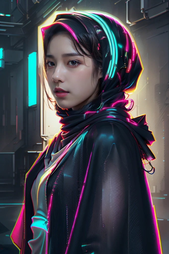 (Neon Cyberpunk Hijab: 1.5), [Style: Neon Cyberpunk: 1.3], (RAW Photos: 1.2), (Perfect Eyes: 1.5)),  (Photorealistic: 1.4), (Masterpieces: 1.3), (Best Quality: 1.4), Dreamy, (Detailed Eyes), (Detailed Facial Features), ( (8k:1.27), best quality, masterpiece, Hijab hair, ultra highres:1.2) Photo of Pretty woman (beautiful:1.1) (sci-fi woman:1.1), (Hijab cloak: 1.61) (Hijab leather Coat:1.21) intricate elegant, fantasy, detailed, ometric by greg rutkowski and alphonse mucha, gradient lighting
