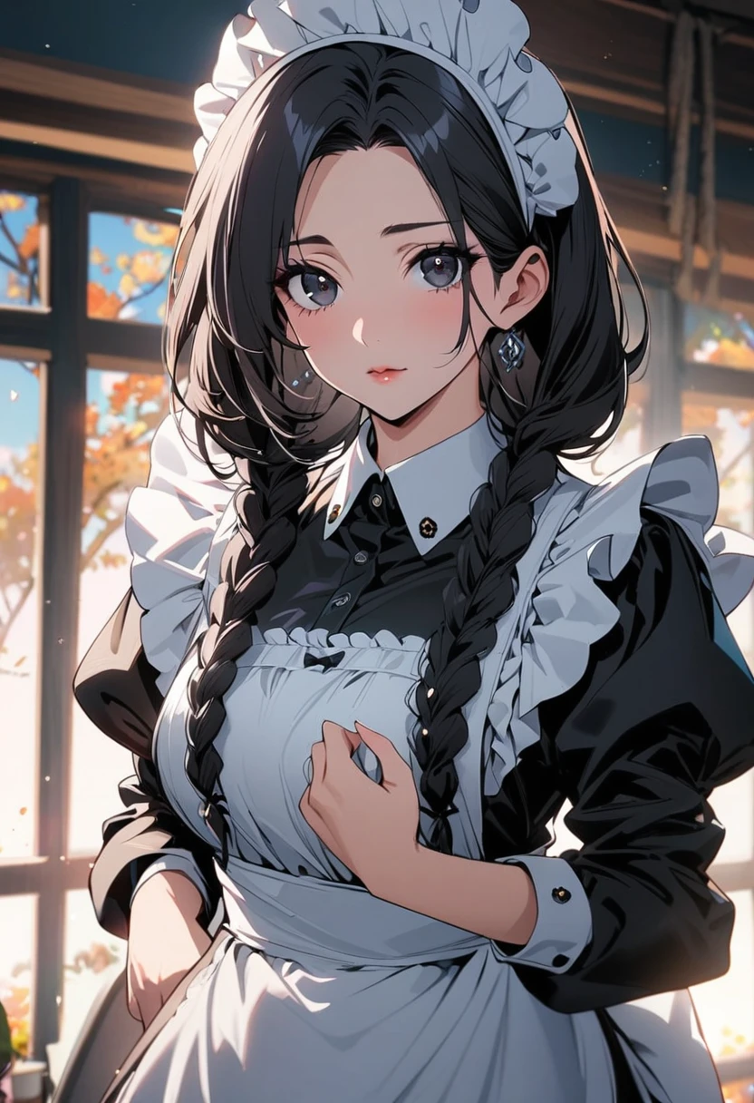 girl, mature, cute, black hair, black eyes, beautiful, beautiful eyes, beautiful color, beautiful background, high detail, low double plait hair, maid, cool