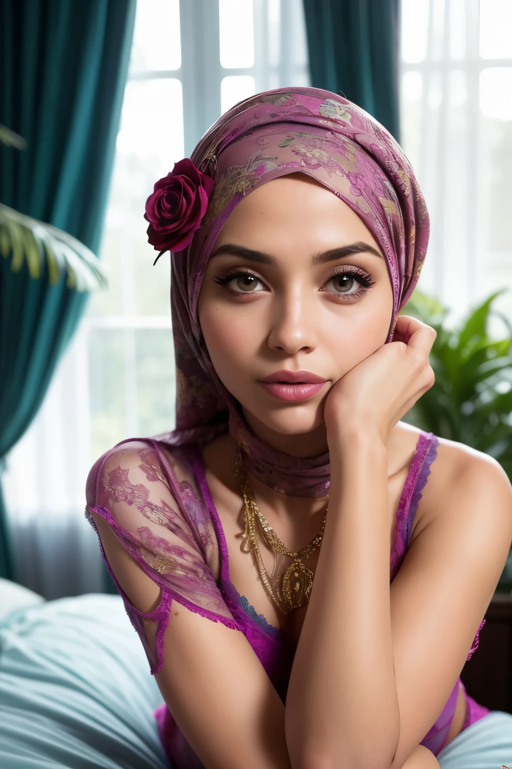 Hijab colorful, sexy, thin, teen, polish model, cute, thin body, skin tight, lingerie dress, perfect body, (big breasts) dynamic pose, lingerie leg accessories, lace stockings, waist accessories, arm accessories, face accessories, close up, narrow waist, wide hips, bedroom, (portrait) close up on face, colored eyes