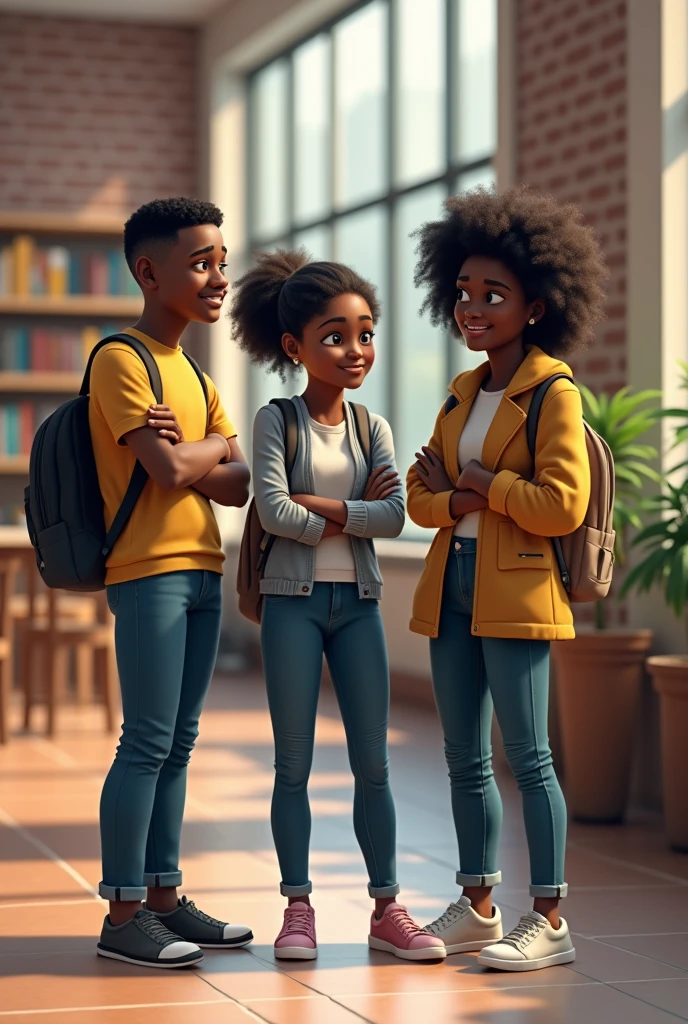 Two mature black boys and two mature black girls in a university background. The two boys are casually dressed. The two girls are casually dressed and crossing their arms.