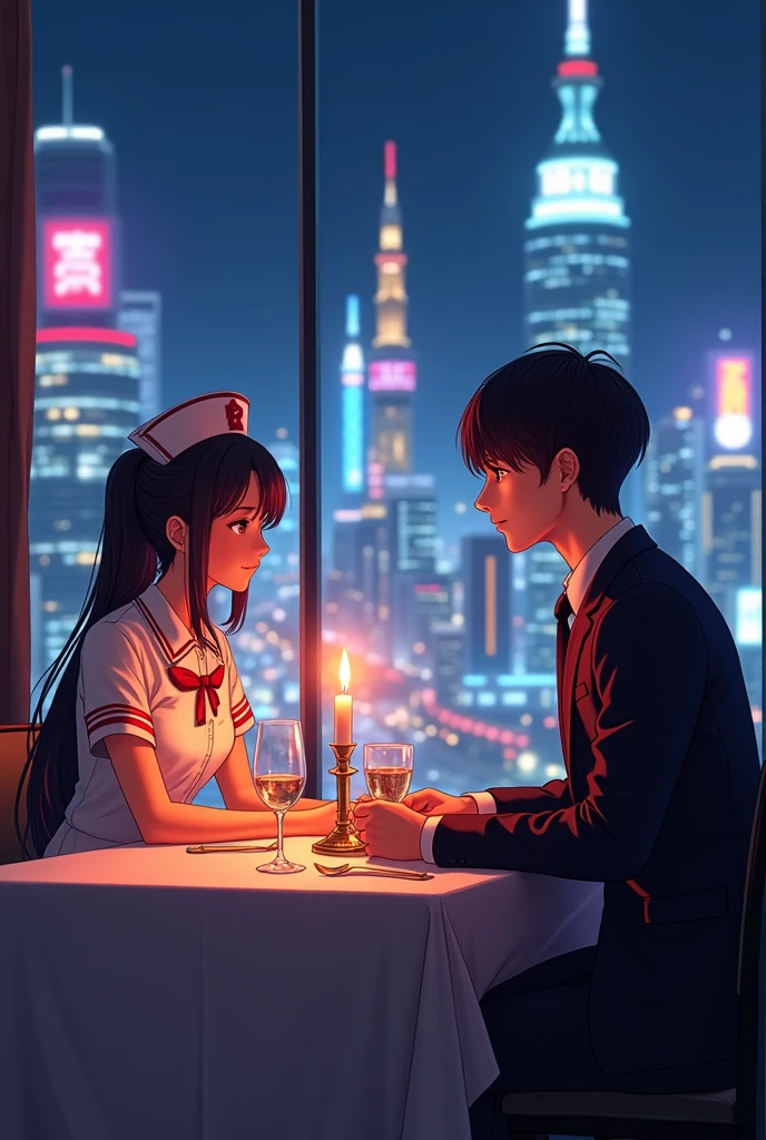  nursing girl and hotel manager at candle light dinner in tokyo city with neon lights
