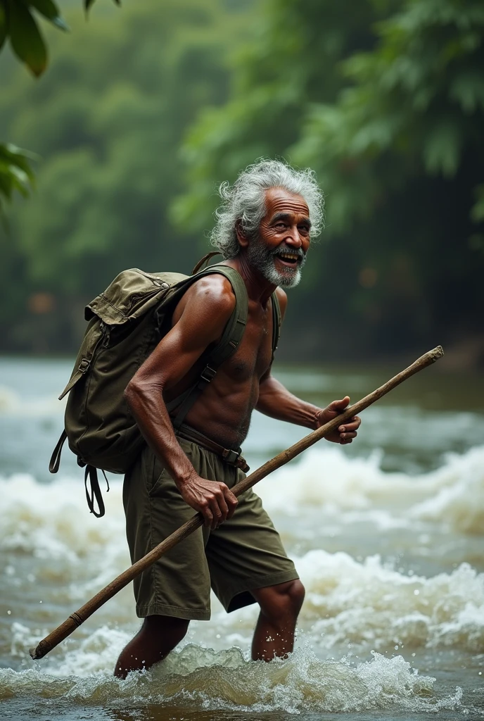 Photorealism 1.4 realistic realism high detailed definition  Malaysia native aboriginal orang asli old man curly messy hair  crossing river river stream dark skin weaver backpack smile faces jungle big river shirtless accessories on hair leaf wearing  short hold stick   river stream  water level at waist