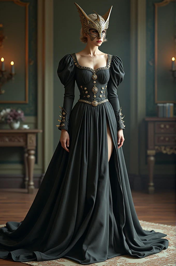 A lady in a long maid outfit, her hair is airy short and wearing Malenia's Valkyrie helmet that covers her eyes